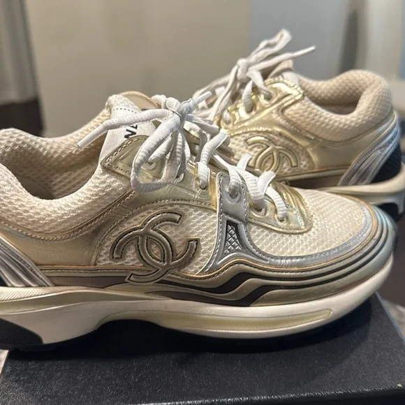 CHANEL | Shoes | Chanel Laminated White Goldsilver Sneakers | Poshmark